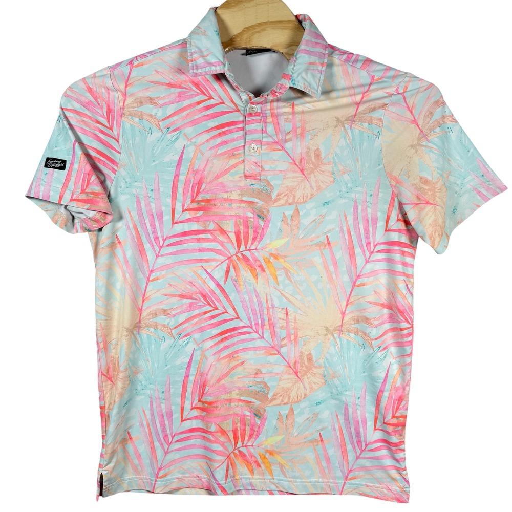 Sunday Swagger Polo Shirt Mens Medium Blue Tropical Palm Leaf Golf Performance‎